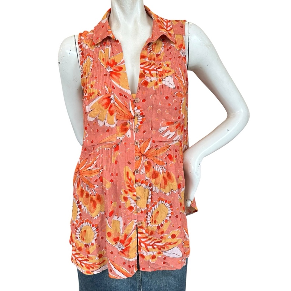 Vera for Anthropologie Peach Orange Yellow Floral Print Collared Sleeveless Top